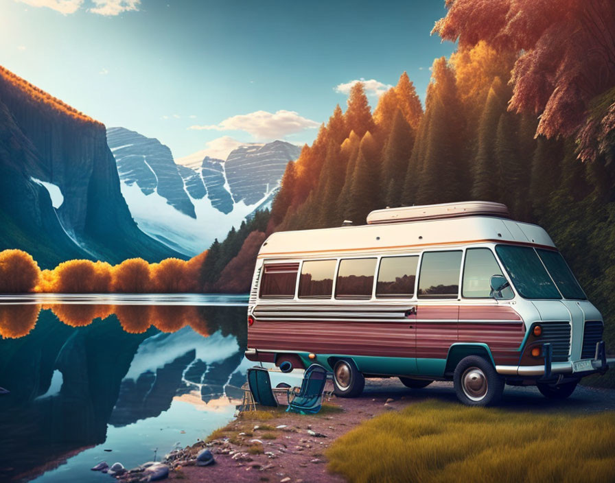 Vintage Van Parked by Serene Lake with Autumn Reflections