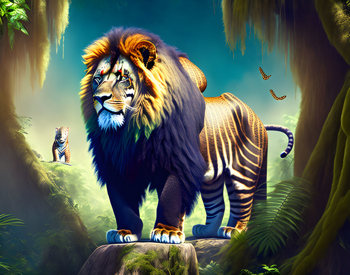 Fantastical liger creature on rock in lush jungle