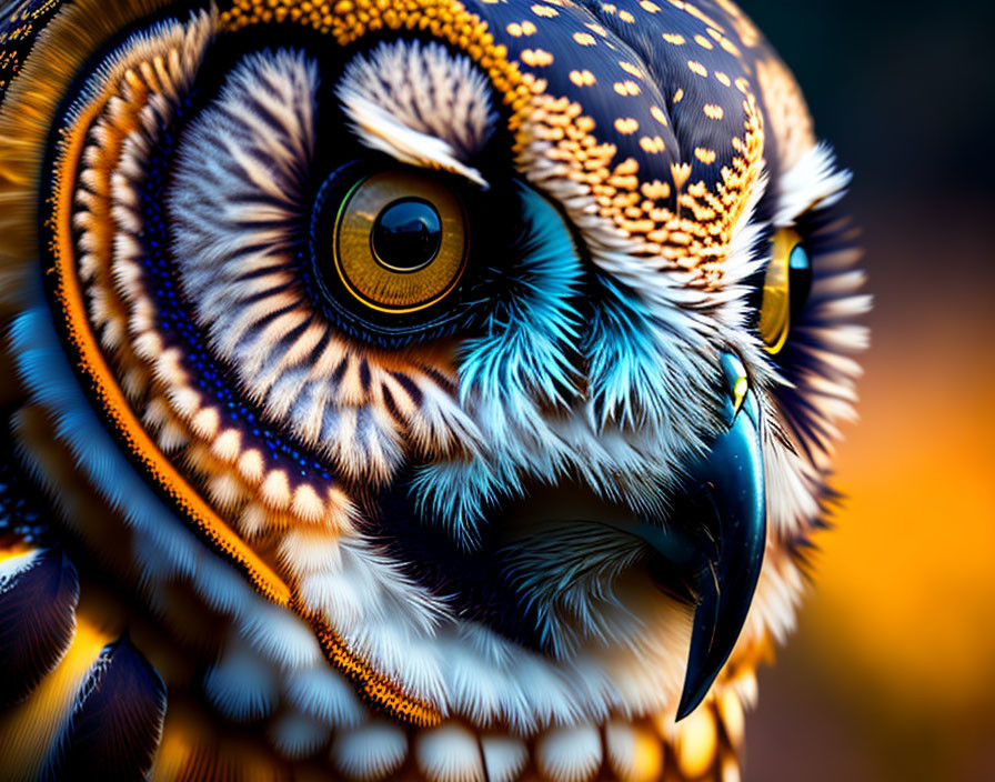 Vividly colored owl with intricate feather patterns and striking eyes