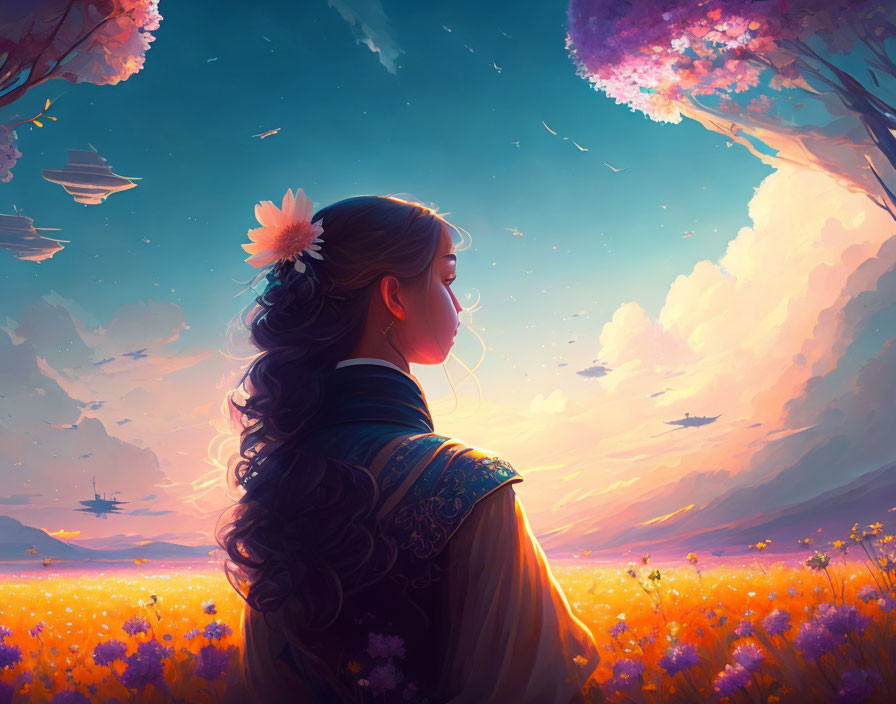 Woman gazing at surreal landscape with floating islands under colorful sky