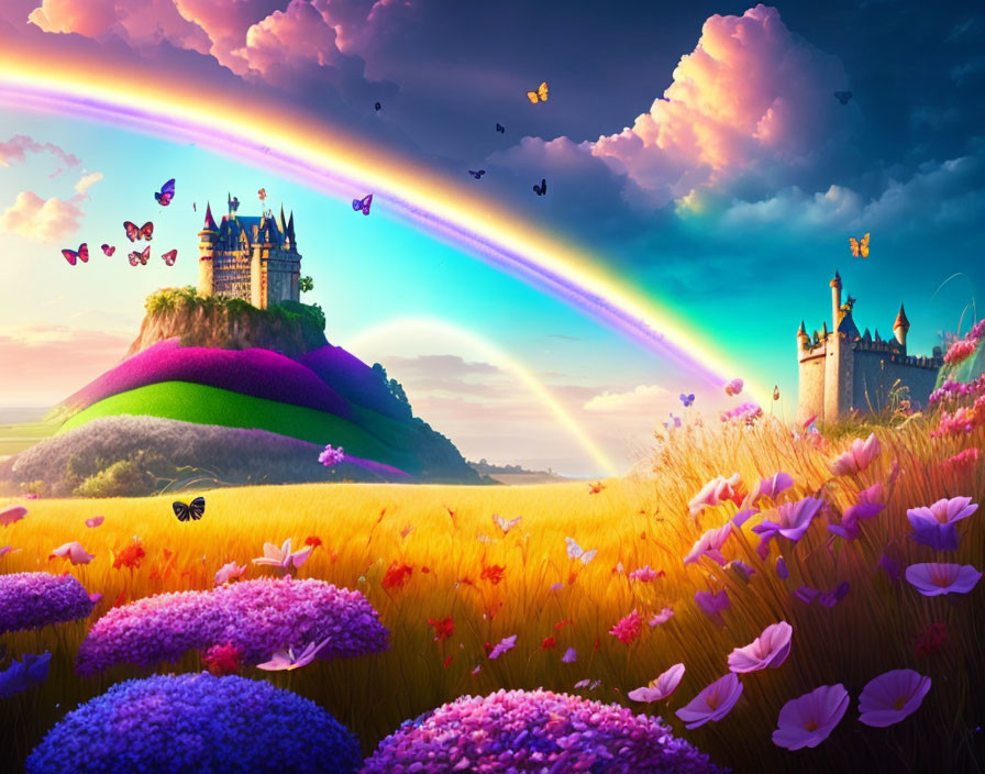 Colorful Fantasy Landscape with Castles, Rainbow, Flowers, and Butterflies