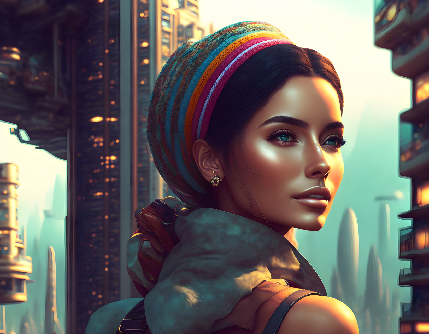 Colorful headband woman illustration in futuristic cityscape at dusk
