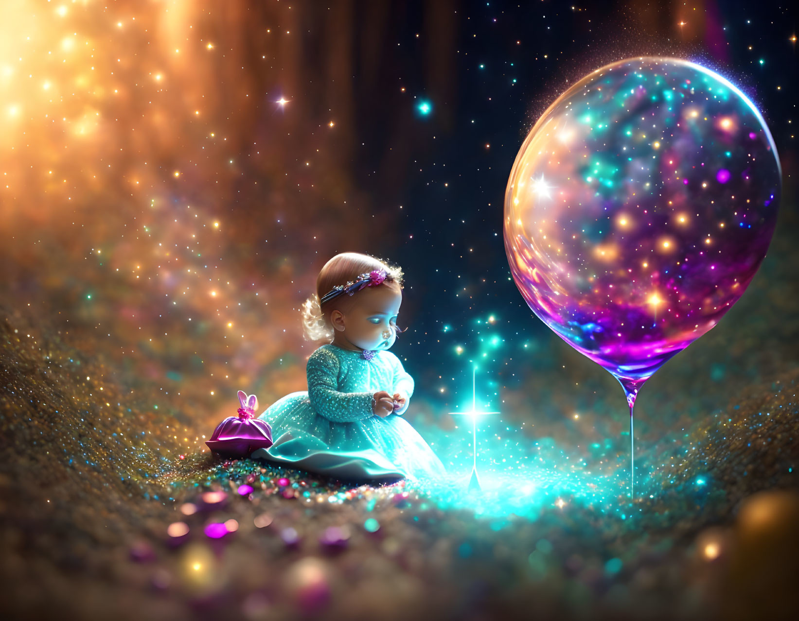 Child in blue dress admires luminous balloon in starry setting