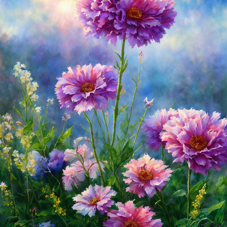 Colorful painting of purple peonies on blue and violet background