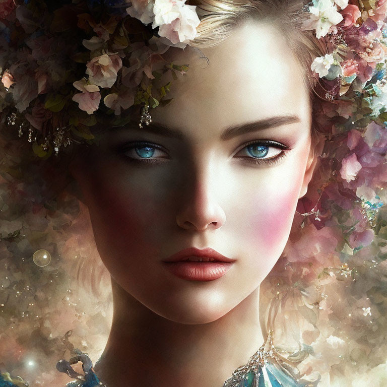 Digital portrait of woman with floral crown and vibrant flowers, piercing blue eyes.
