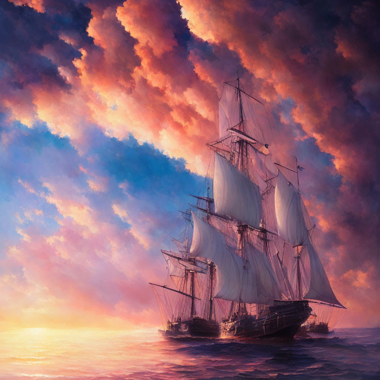 Tall ship with billowing sails on calm seas at sunset