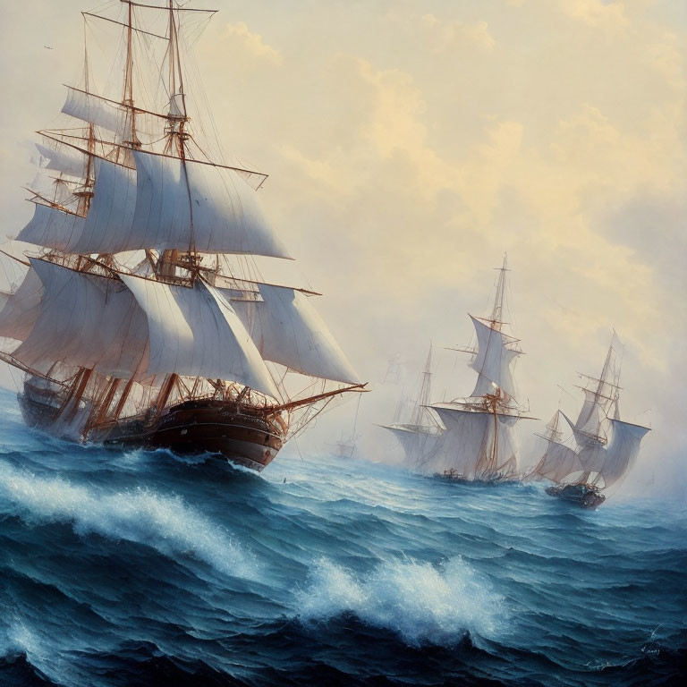 Tall Ships with Full Sails on Rolling Ocean Waves