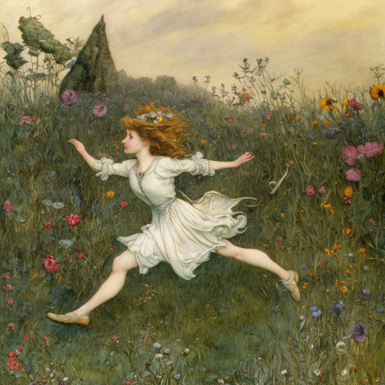 Young girl in white dress running through colorful wildflowers in meadow with butterfly