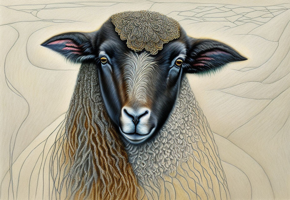 Detailed Sheep Illustration with Patterned Wool on Wood Grain Background