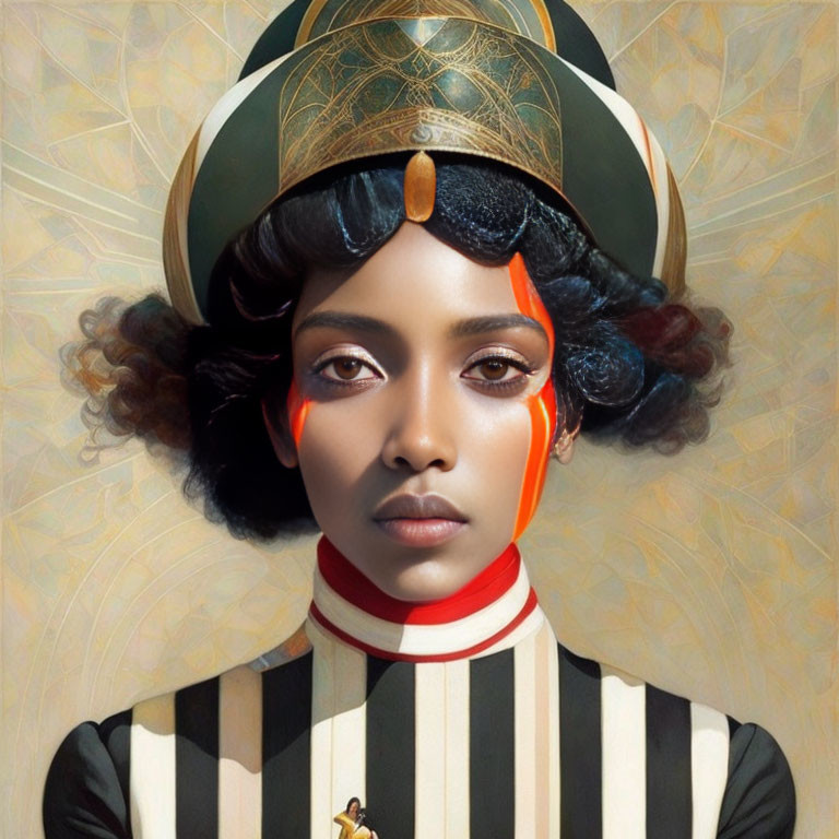 Detailed portrait of woman in historical attire with helmet, striped garment, and red cheek markings