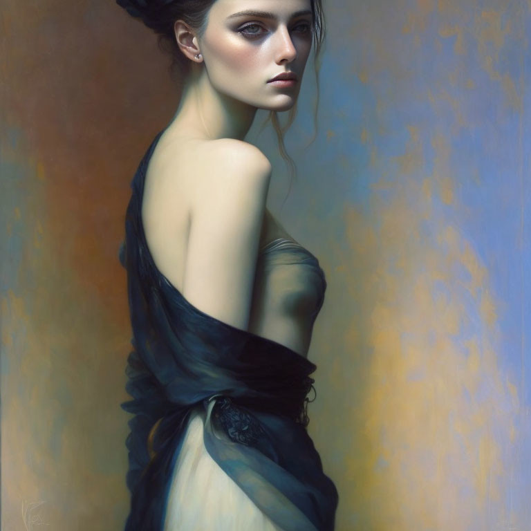 Porcelain-skinned woman in dark dress gazes aside on textured backdrop