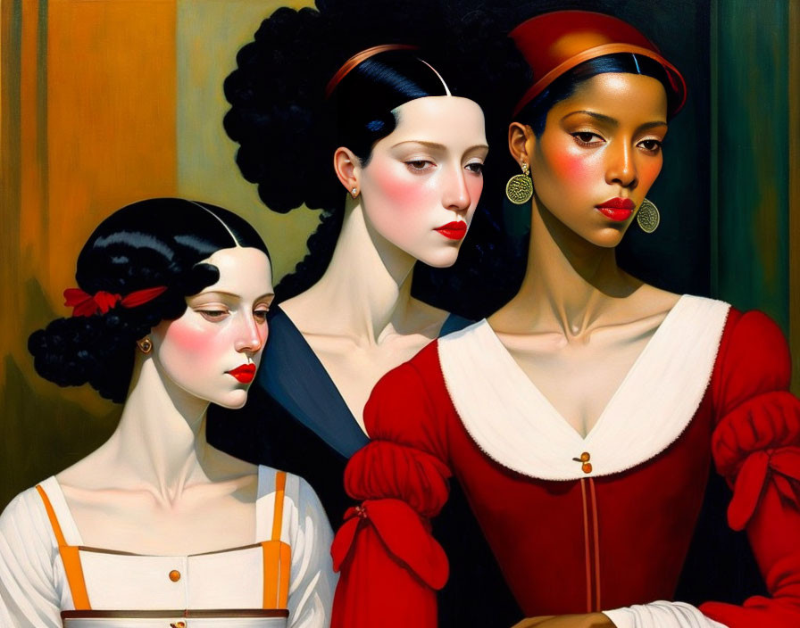 Three stylized women in vintage clothing with distinctive makeup pose together, exuding elegance.