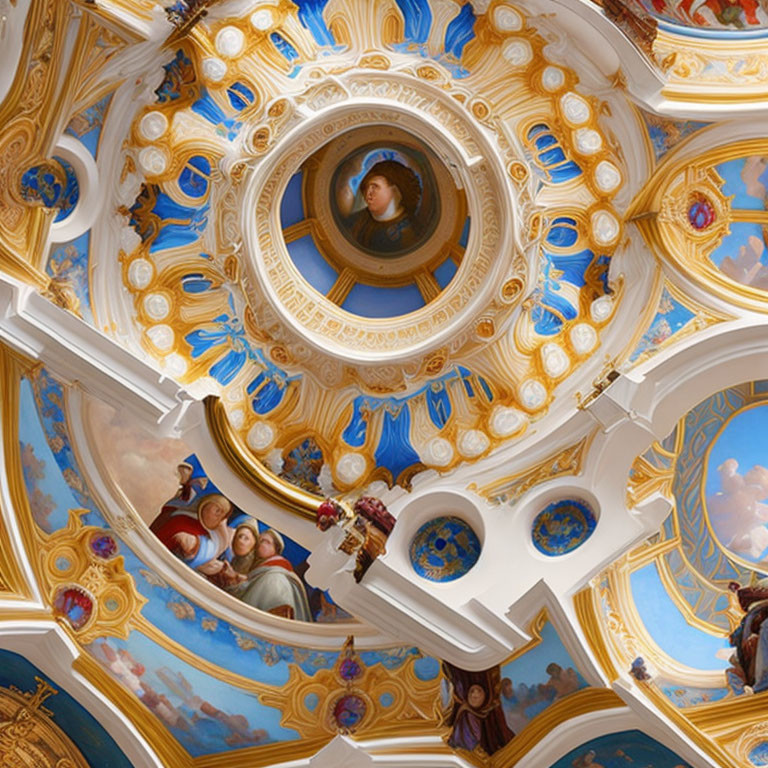Baroque Dome Ceiling with Gold Accents and Religious Frescoes
