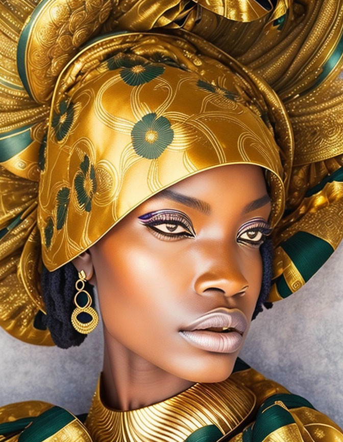 Woman with Striking Makeup and Detailed Golden Headpiece