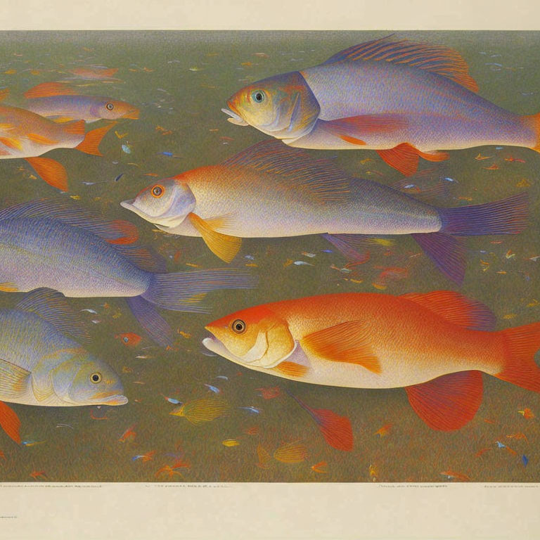 Vibrantly colored fish swimming among scattered leaves in green aquatic setting