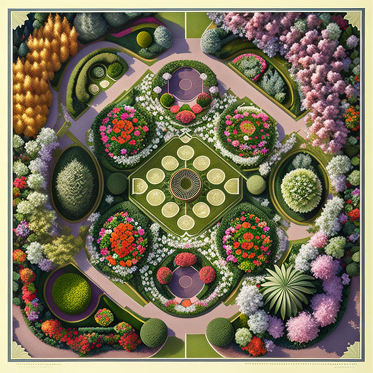 Symmetrical floral garden with colorful patterns and geometric layouts