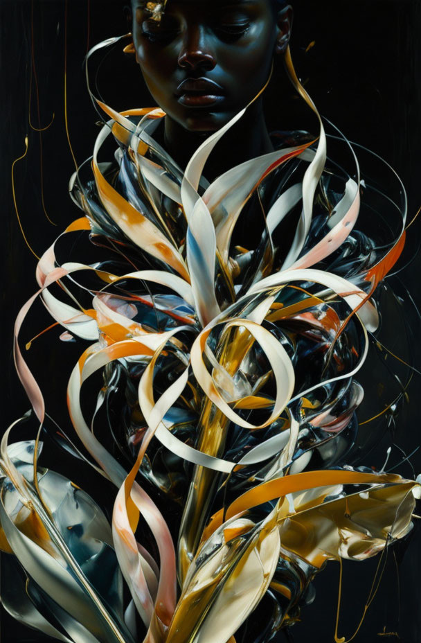 Hyperrealistic Painting of Person with Dark Skin and Swirling Ribbons on Black Background