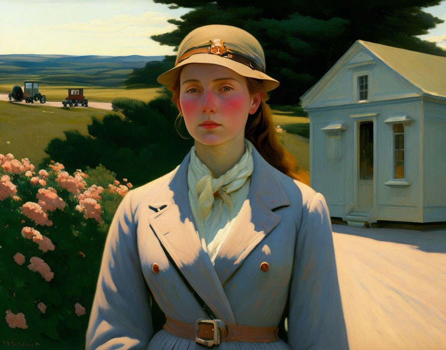 Young woman in vintage blue uniform with hat, rural landscape painting.