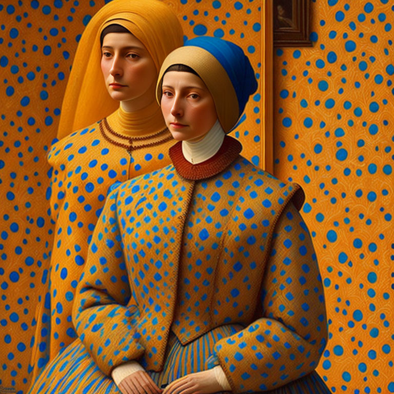 Stylized portrait of two women in matching blue and orange attire