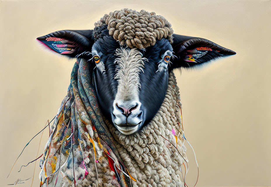 Colorful surreal digital art of sheep with ear tags and tangled strings