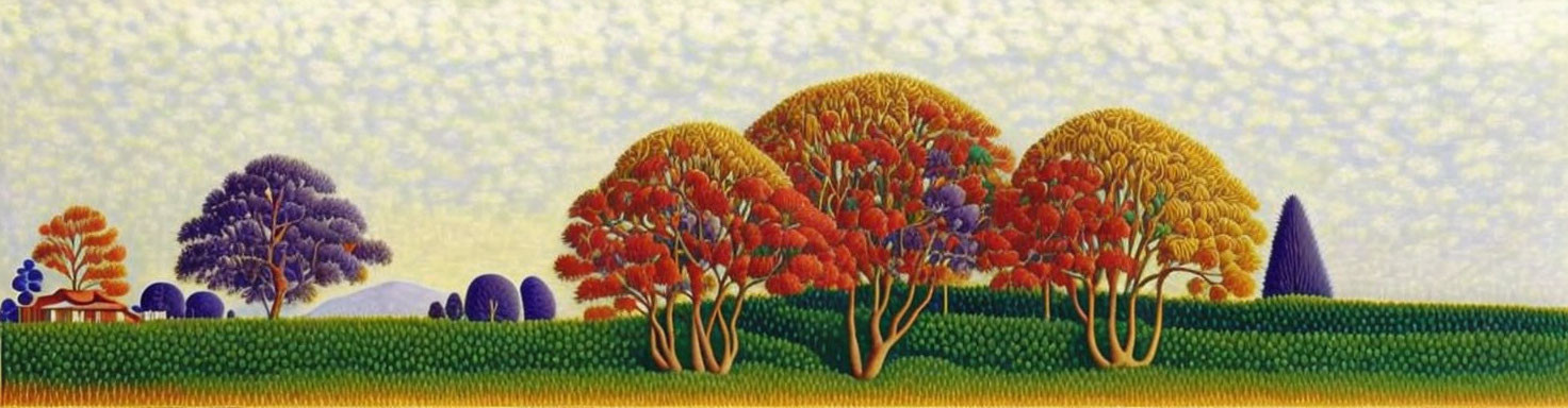 Colorful Trees Painting on Green Landscape with Small House - Nature Scene