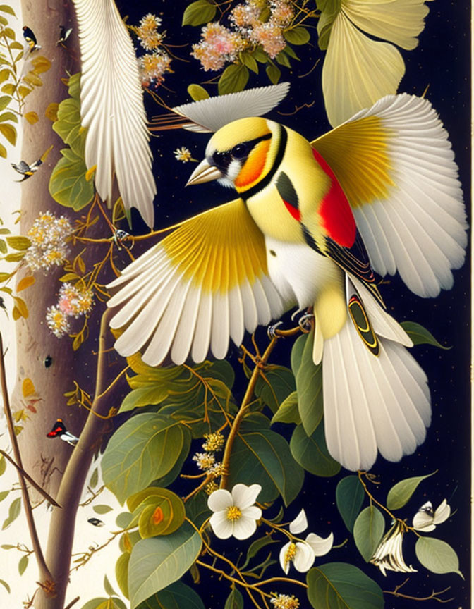 Colorful Bird Flying Among Flowers and Tree Trunk