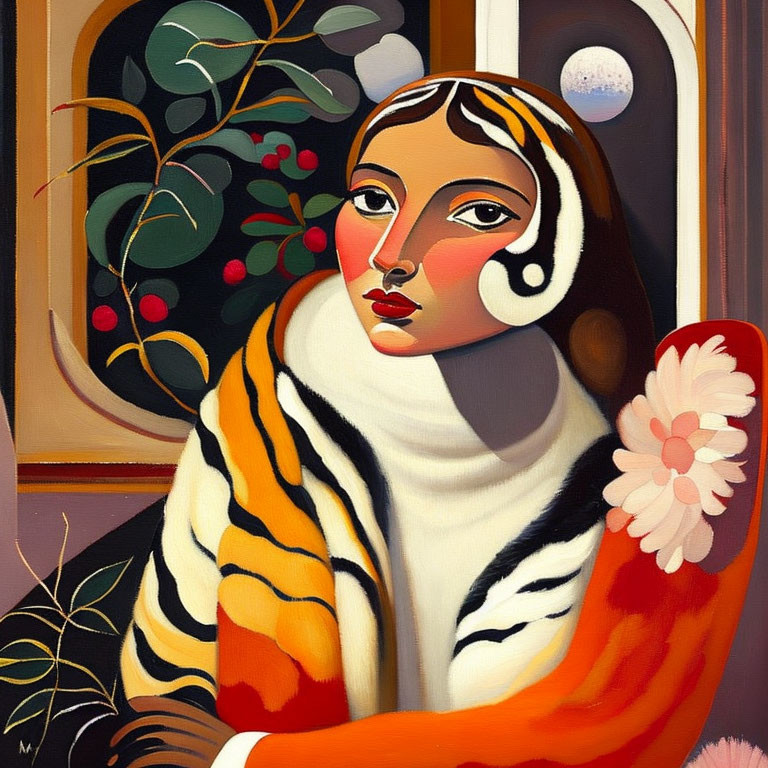 Stylized painting of woman in striped garment by window with plants