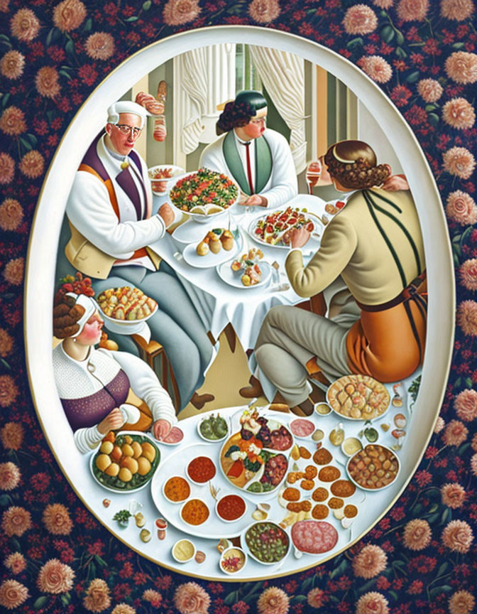 Vintage dining scene with four people around a table and floral border