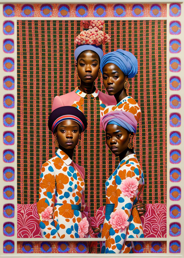 Three women in African attire against patterned backdrop with floral designs.