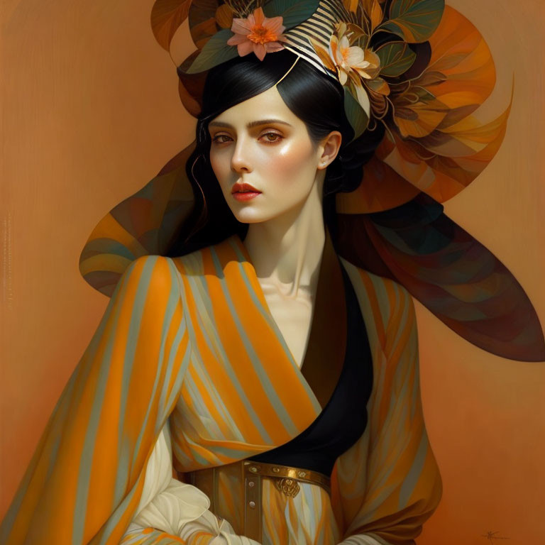 Illustrated portrait of woman with stylized headdress in peach attire against warm backdrop