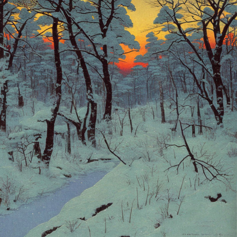 Snow-covered Ground and Bare Trees in Vibrant Winter Sunset