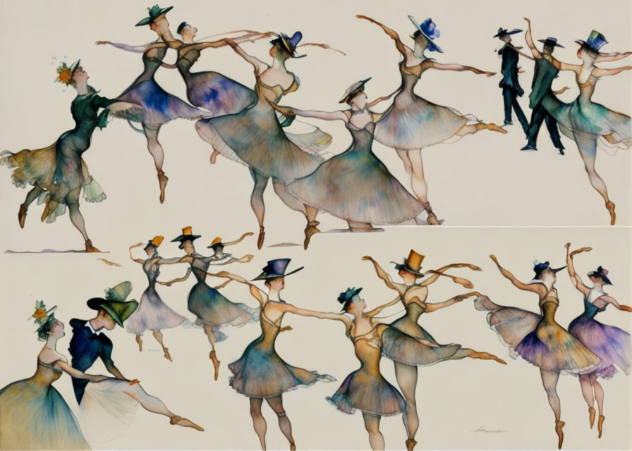 Illustration of Stylized Dancers in Flowing Dresses and Fancy Hats