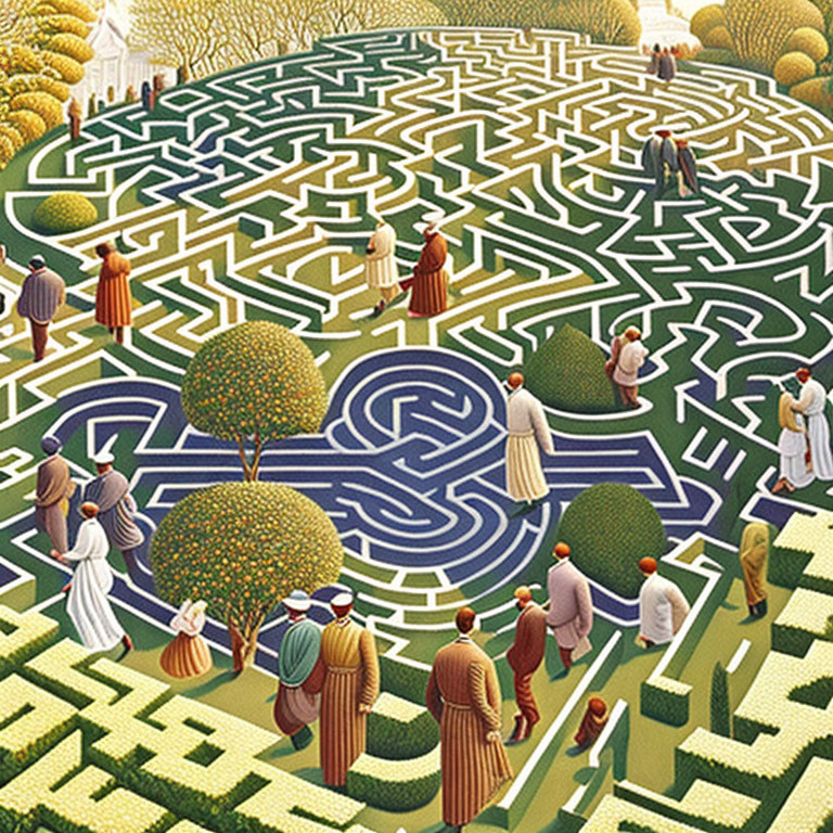 Medieval people in garden maze with green hedges and trees