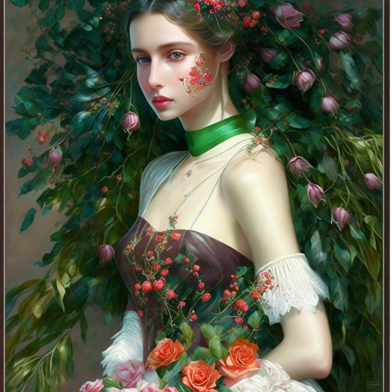 Woman with Floral Adornments in Romantic Greenery Setting