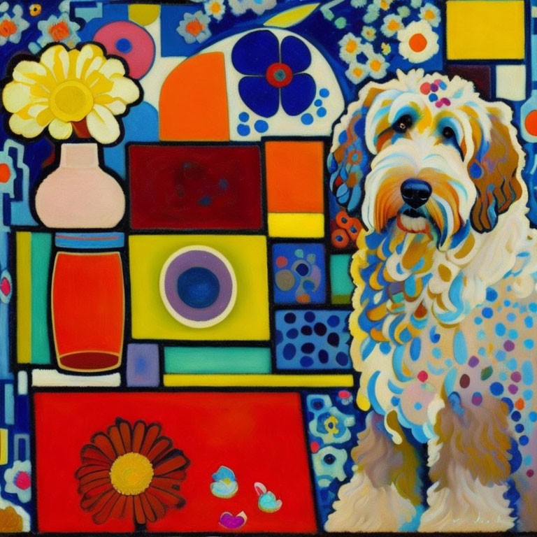 Vibrant painting of a shaggy dog with geometric and floral patterns