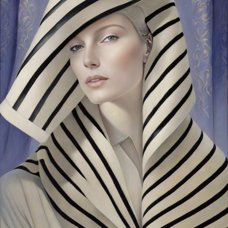 Portrait of woman in striped hat and coat with high collar, stylized with elegant lines and muted colors