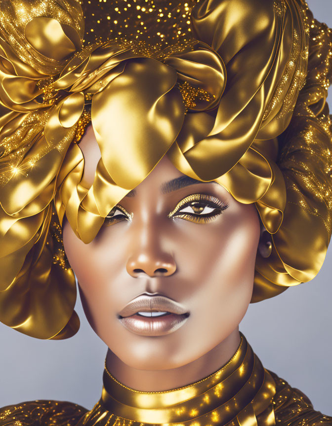 Woman wearing golden headwrap with ornamental patterns and matching makeup.