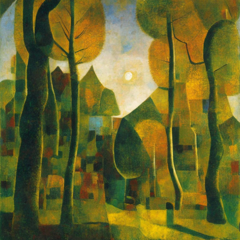 Stylized autumn landscape with elongated trees and structured houses