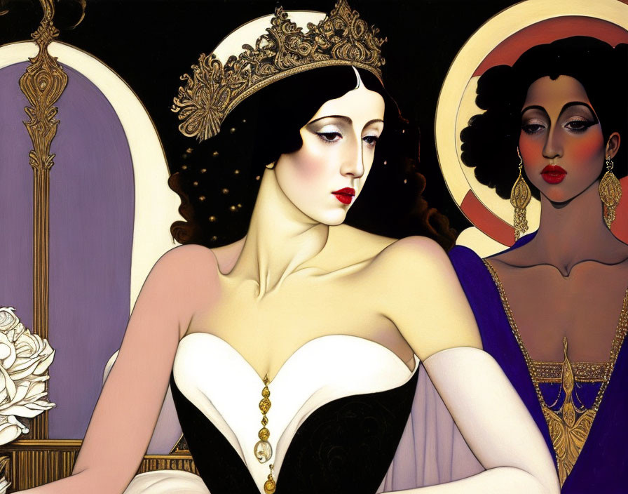 Art Deco Style Illustration of Two Elegant Women with Crown and Halo Effect