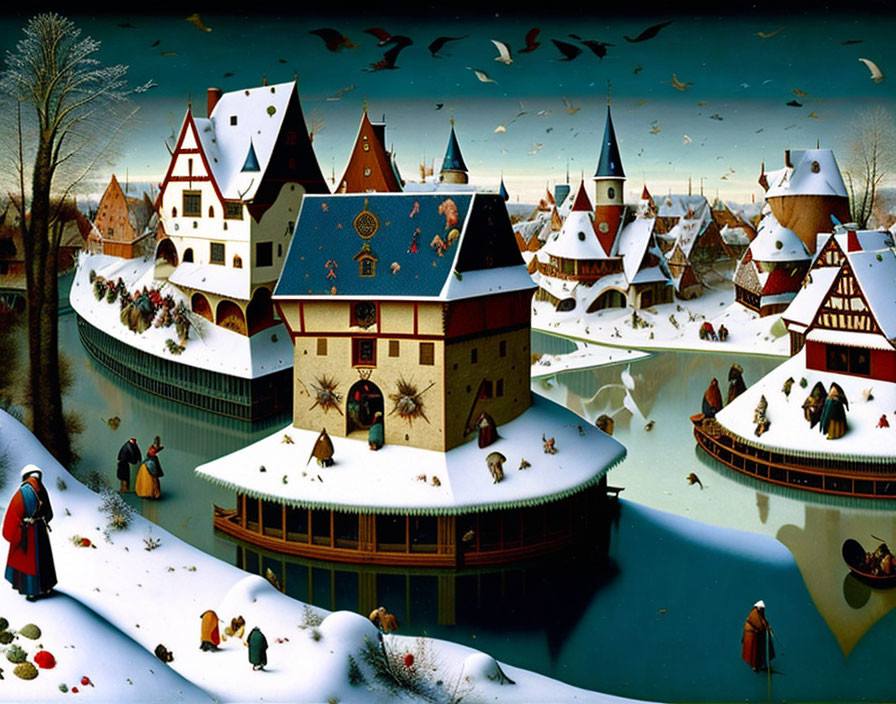 Ornate snow-covered buildings in whimsical winter scene