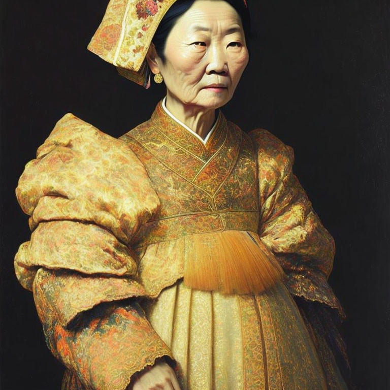 Elderly Woman in Traditional Asian Attire with Gold Patterns and Matching Headdress on Dark Background