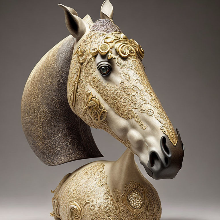 Golden horse sculpture with intricate patterns and detailed mane