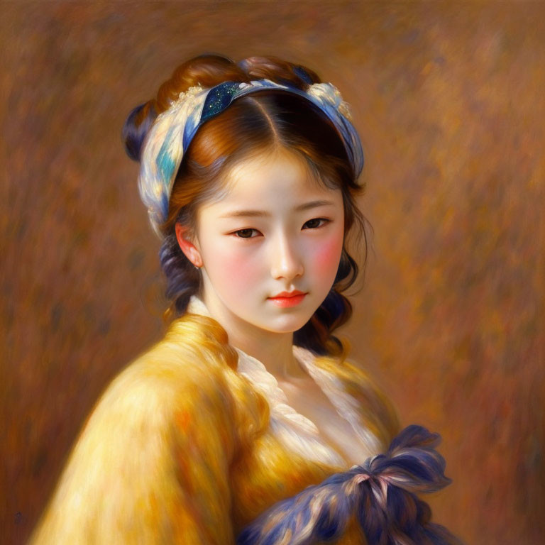 Classical portrait of a contemplative woman in yellow garment with blue ribbon