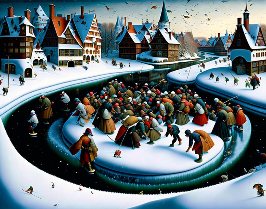 Vibrant snowy village scene with ice-skating people and quaint houses