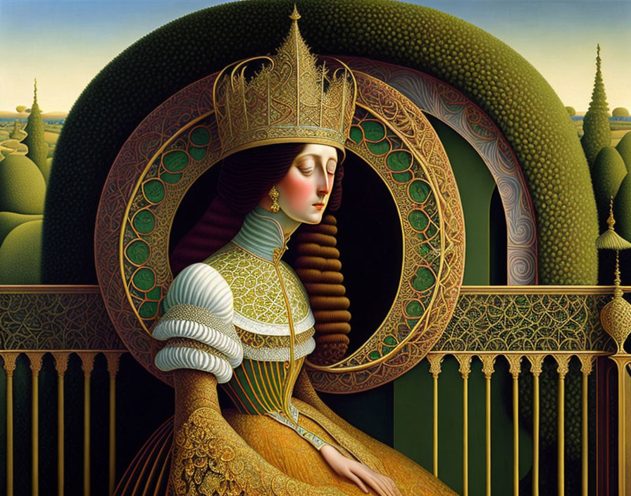 Surreal portrait of woman with golden headwear against green hills