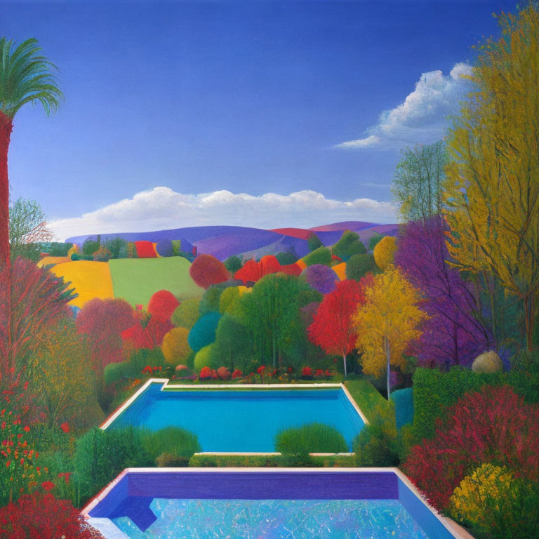 Colorful Garden Painting with Pool, Trees, and Hills under Blue Sky