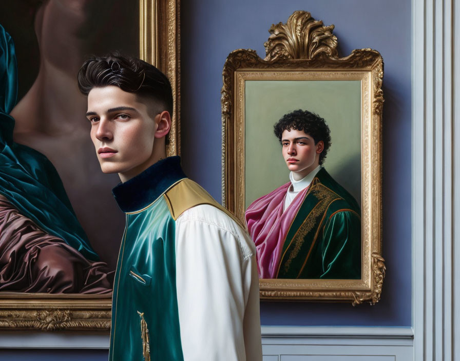 Stylish young man in high-collar jacket with modern-classical portrait