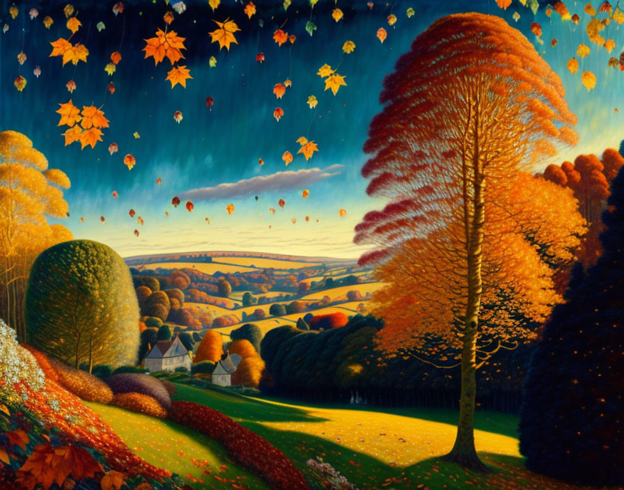 Colorful Autumn Landscape Painting with Starry Sky and Quaint House