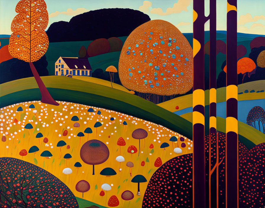 Colorful landscape painting with house, rolling hills, and patterned trees