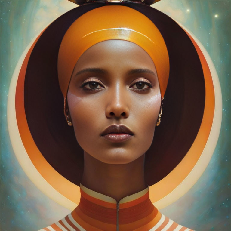 Portrait of woman with orange headwrap & halo accessory, in striped apparel against starry backdrop